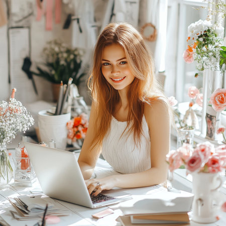 Young happy businesswoman working on a laptop in her bright and airy small business or home officeの素材