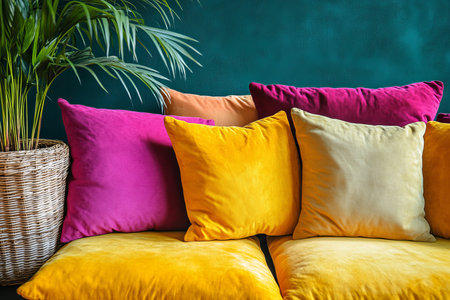 Cozy Living Room Interior Yellow Sofa, Colorful Pillows, Houseplant, Teal Wall, Copy Spaceの素材