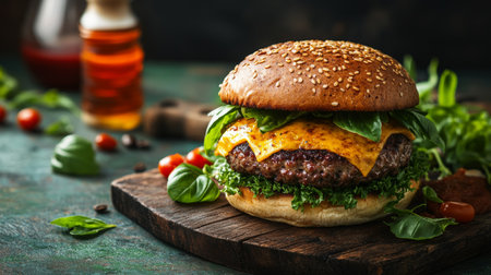 Gourmet Cheeseburger on Rustic Wooden Board, Cozy Setting with Fresh Basil and Tomatoesの素材