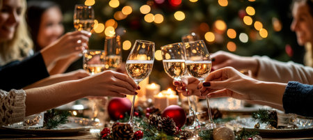 Women Toasting with Sparkling Drinks at Festive Holiday Gathering with Warm Lights and Decorationsの素材