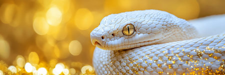Albino Python On Golden Background, Reptile, Western Hognose Snake With Happy New Year Conceptの素材