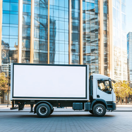 Blank White Mockup on Delivery Truck Driving Through City, Template For Advertisementの素材