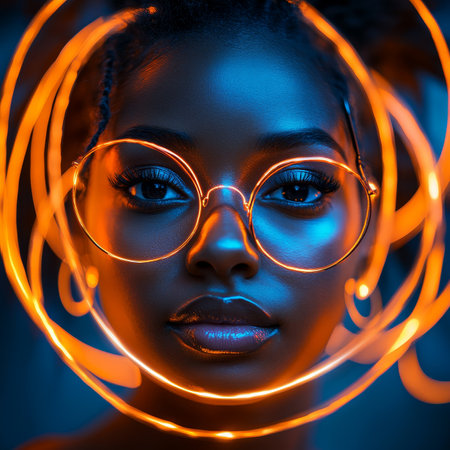 Stylish Woman with Neon Lights, Cyberpunk Aesthetic, Futuristic Fashion and Technology Conceptの素材