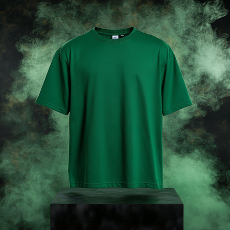 Classic Green T-Shirt Mockup on Podium, Minimalistic Fashion Presentation on Black Backgroundの素材