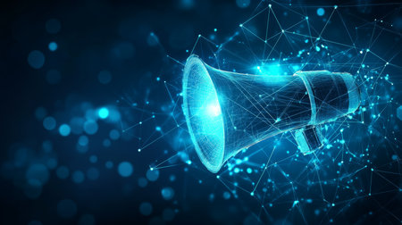 Digital Megaphone On Blue Tech Background. Abstract Symbol In Lines, Connected Dots, Triangles.の素材