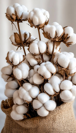 Bouquet of Natural Cotton Flowers on Linen Background, Rustic Home Decor, Eco-Friendly Lifestyleの素材