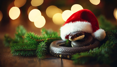 Adorable Snake in Santa Hat Symbol of the Year 2025 on a Festive Christmas Backgroundの素材