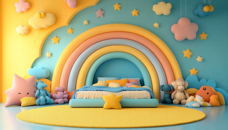 Whimsical Kids Bedroom, Pastel Rainbow, Cozy Bed, Colorful Bedding, Plush Toys, Yellow Rugの素材