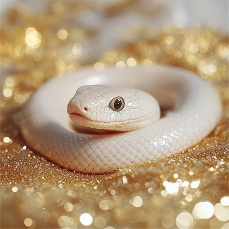 White Snake Coiled on Gold Glitter, Albino Reptile, Exotic Pet, Close Up, Studio Shotの素材