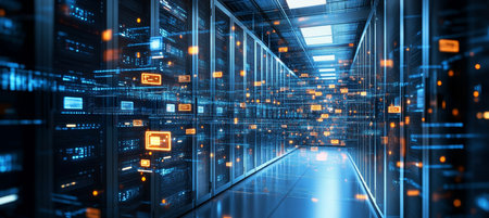 Futuristic Server Room With Data Transfer, Cybersecurity, and Cloud Technology Conceptの素材