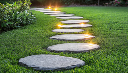 Stone Pathway with Solar Garden Lights, Illuminating a Tranquil Garden Scene at Twilight.の素材