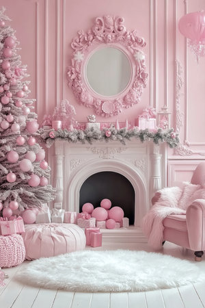 Pink Christmas Interior with Tree, Fireplace, and Armchair Festive Holiday Mockup with Copy Spaceの素材
