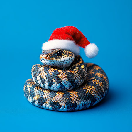 Festive Serpent Captivating Snake Wearing a Santa Hat for Christmas or Chinese New Year Celebrationの素材