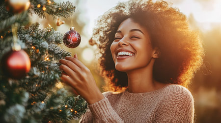 Woman Laughs While Decorating Christmas Tree with Ornaments, Festive Lights, Garland Bokehの素材