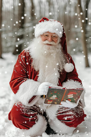 Jolly Santa Reading a Storybook in a Snowy Winter Forest, Christmas Magic and Holiday Cheerの素材