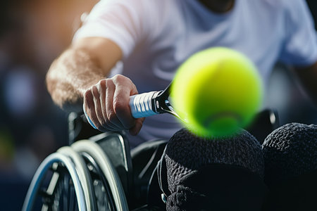 Wheelchair Tennis Player Hits Ball With Powerful Backhand, Motion Blur Shows Speed and Intensity.の素材