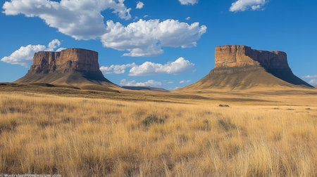 Iconic Flat-Topped Rock Formations, Arid Grassland Savanna, Under Blue Sky, South Africa Landscapeの素材