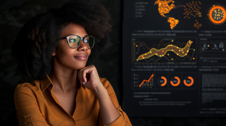 Pensive Businesswoman Analyzing Data A Portrait of Focused Strategy with Charts and Graphs.の素材