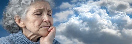 Close-up Portrait of a Thoughtful Senior Woman with closed Eyes Against Dramatic Sky Backgroundの素材