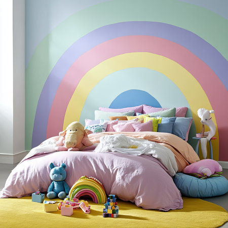 Cozy Bedroom Interior with Rainbow Wall Mural and Pastel Colors, Dreamy Space for Kids.の素材