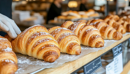 Freshly Baked Croissants on Display A Tempting Selection of Golden Brown Pastries in a Bakeryの素材