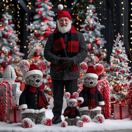 Christmas Cheer Santa Claus Stands with Adorable Teddy Bears Amidst Festive Holiday Decor.の素材