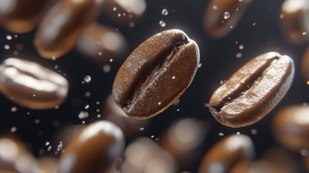 Roasted Coffee Beans in Freefall High Resolution Macro Photography for Commercial Useの素材