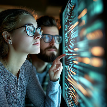 Focused Developers Analyzing Code on Server, Software Development and Programming Teamwork Concept.の素材