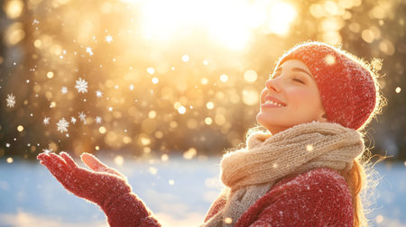 Young Woman Enjoying Winter Snowfall, Christmas, Winter Wonderland Concept. 85 Charactersの素材
