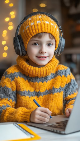 Cheerful Schoolboy in Headphones Learning Online, Using Laptop and Writing in Notebook At Homeの素材
