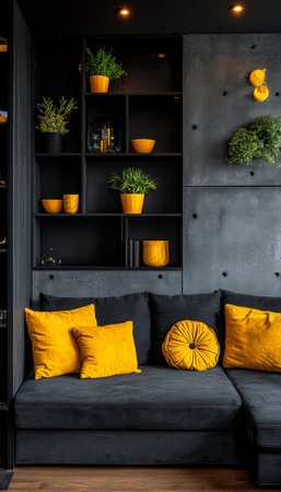 Modern Living Room Interior with Black Sofa, Yellow Cushions, and Decorative Shelving Unit.の素材