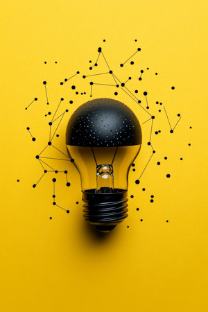 Black Light Bulb On Yellow Background With Connected Dots, Innovation, Idea, Creativity Conceptの素材