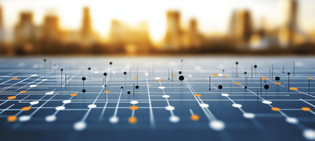 Abstract Data Grid With Interconnected Dots And Lines In Blue And Orange, Overlaying A Cityscapeの素材