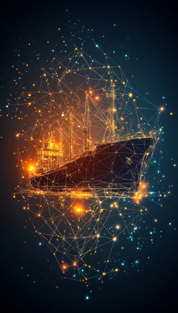Digital Cargo Ship on Technological Background, Abstract Maritime Transport. Icon, Global Logisticsの素材