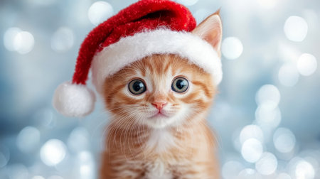 Adorable Tabby Kitten with Sparkling Eyes Wearing Santa Hat, Festive Holiday Portraitの素材