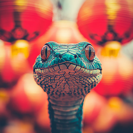 Vibrant Green Snake Against a Backdrop of Festive Red Lanterns, Celebrating Chinese New Yearの素材