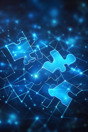 Digital Puzzle Pieces On Network Background, Abstract Problem Solving, Connection Conceptの素材