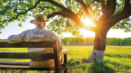 Golden Hour Tranquility Senior Man Enjoying Retirement on Peaceful Farm Bench at Sunset.の素材