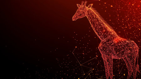Abstract Orange Giraffe on Dark Background. Connected Lines, Dots, Triangles. Futuristic Wildlife.の素材
