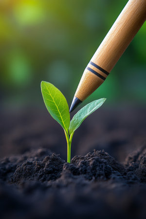 New Growth, Sustainable Future Wooden Pencil Poised Above Small Sprout Emerging from Rich Soilの素材