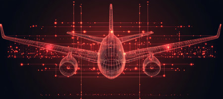 Abstract Wireframe Airplane on Red Technology Background. Aviation Symbol with Network Connections.の素材