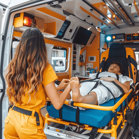 Compassionate Paramedic Assisting Patient Into Ambulance, Providing Emergency Medical Care.の素材