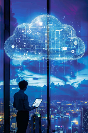 Businessman Working On Laptop Computer With Cloud Computing Diagram Over Cityscape At Twilightの素材
