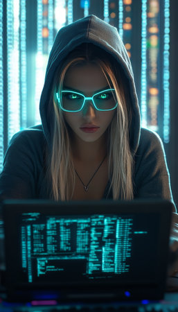 Cyberpunk Hacker in Neon Lit Room Young Woman in Hoodie Working on Laptop, Cybersecurity Conceptの素材