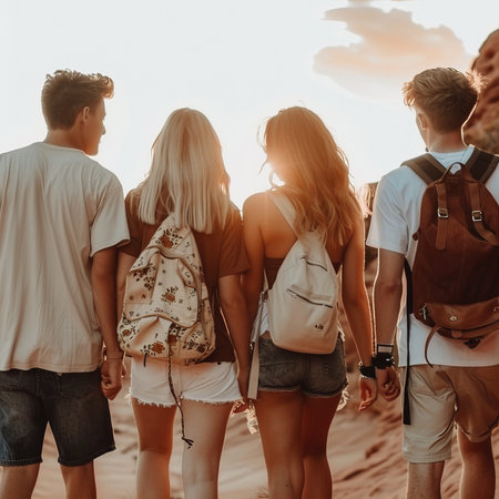 Group of Four Friends Embark on a Scenic Mountain Hike, Enjoying the Sunset Views Togetherの素材