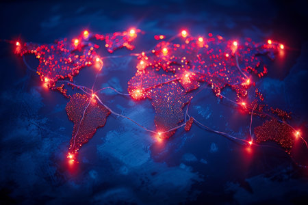 Global Connection A World United by Red Lights, Symbolizing Community and Interconnectivityの素材