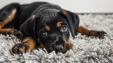 Portrait of a black and brown rottweiler puppy laying on grey soft rug, eight weeks old. puppy eyesの素材