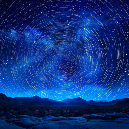Circular Star Trails Over Majestic Mountain Range, Long Exposure Night Photography of a Starry Sky.の素材