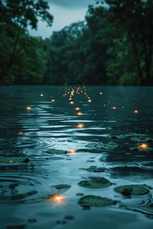 Glowing Lights on Tranquil Water, Embracing the Serenity of Nature at Night, Nighttime Photographyの素材