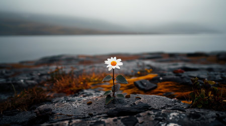 Solitary White Daisy Blooms on Rocky Shore, Misty Lake Background, Ethereal Beauty and Resilienceの素材